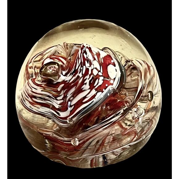 Hand Blown Glass Paperweight Ball Ribbon Candy Art Spiral Red White Blue 2.5" - Picture 3 of 4